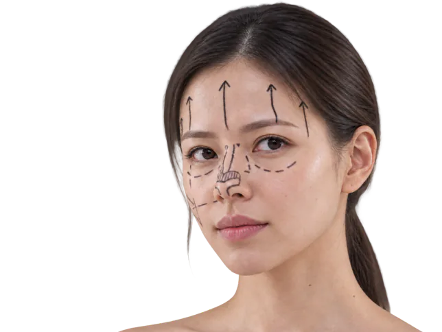 얼굴에 시술 방향선이 표시된 여성