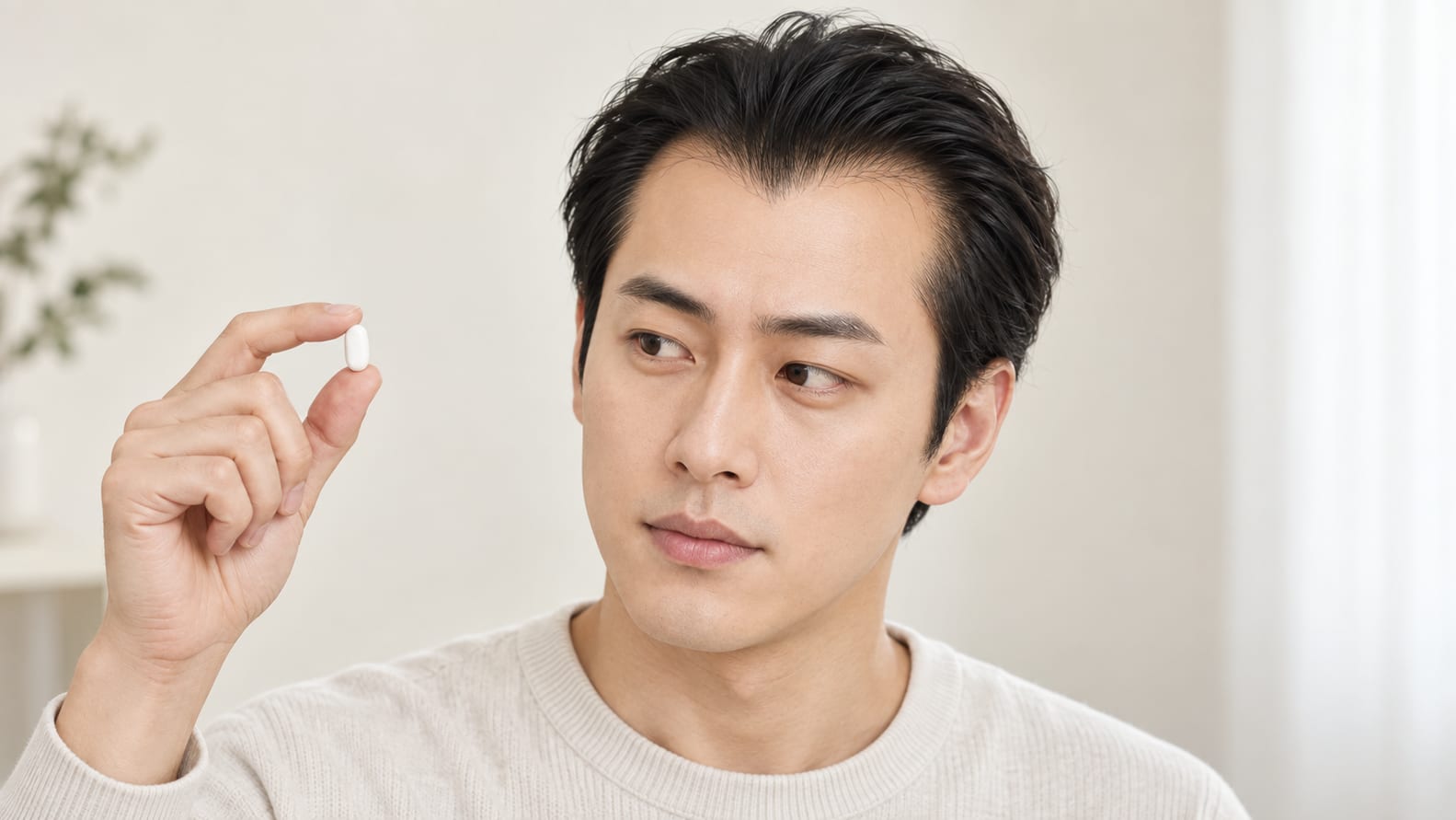M자 헤어라인이 드러난 남성이 손에 든 약을 바라보는 모습