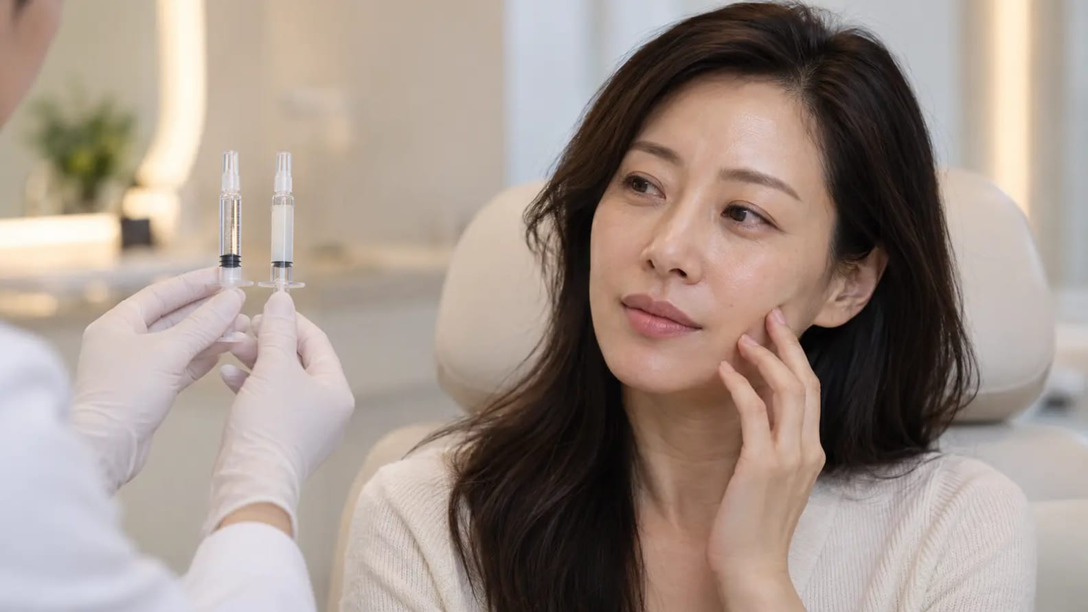 의료진이 제시하는 두 개의 주사기를 바라보며 볼을 만지는 여성
